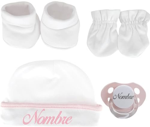 Mababyshop Set Primera Puesta Bebé Personalizado Algodón 4 Piezas – Chupete con Nombre Grabado, Gorrito, Manoplas y Patucos – Regalo Nacimiento y Baby Shower Unisex