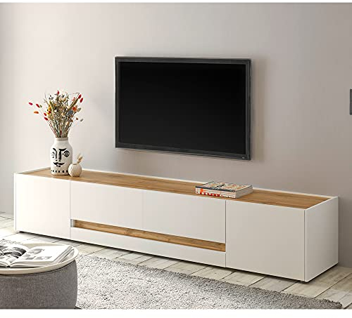 Lomadox Wohnzimmer TV Schrank in weiß mit Absetzungen in Wotan Eiche Nb., B/H/T: ca. 220/40/45 cm