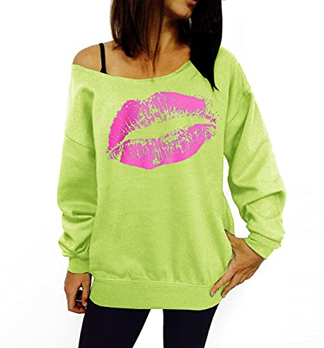 Smile Fish Tenue sexy pour femme - Avec sweatshirt - Épaules dénudées - Imprimé, Lèvres vert fluo, rose, S