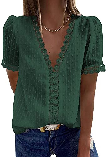 Coloody Femme Tee Shirt Col en V, Manches Courtes Loisirs D'été Tunique en Dentelle Jacquard Blouse Amples Caraco Tops Chemisiers à La Mode (Vert) XXL