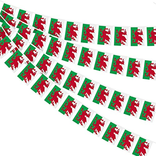 AhfuLife Wales Wimpelkette Fahnenkette Flaggenkette, 4 Stück 30 Walisisch Flaggen Beidseitig Rechteck Stoff Walisisch Wimpel Girlande für Euro Fußball Eurovision Party Bar Deko