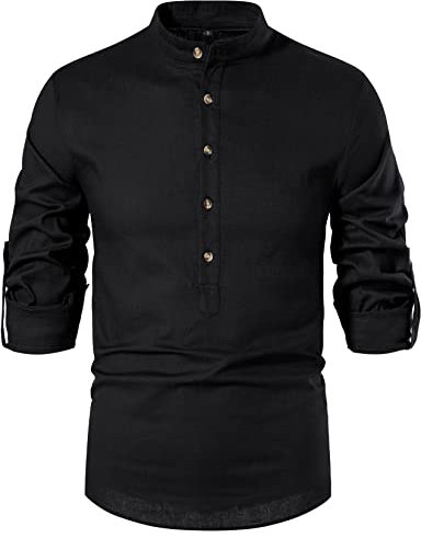 LucMatton Herren Baumwolle Retro Stil Roll-up Langarmshirt Casual Leinenähnliche Henley Tops, Schwarz , S