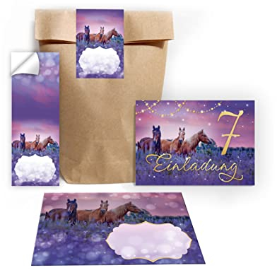 Junapack 12 Einladungskarten zum 7. Kindergeburtstag siebte Geburtstag Mädchen Pferde Pferd incl. 12 Umschläge, 12 Tüten/natur, 12 Aufkleber