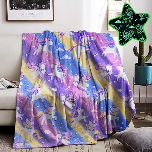 HZVRTN Kuscheldecke Kinder Einhorn/Dinosaurier/Weltraum Decke, kuscheldecke leuchtet im Dunkeln, warme Decke Flauschige Geschenke für Jungs mädchen Sofa Kinderdecke (Einhorn C, 130x150cm)