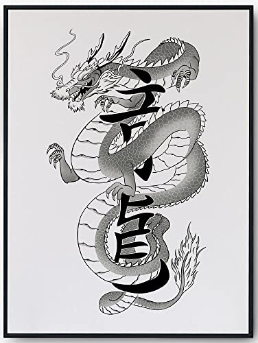 JOPRICO Japanese Dragon - Black and White - Japan Poster - Asia Dekoration - Vintage Japan Kunstdruck Größe 21x30cm (A4)