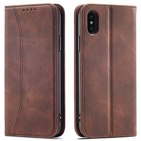 OKZone Kompatibel mit iPhone XS/iPhone X (5,8 Zoll) Hülle, Magnet Leder Tasche Handyhülle, Kartenfächer Schutzhülle, [Premium PU Leder] Flip Klappbare Stoßfeste Magnetische Standfunktion (Braun)