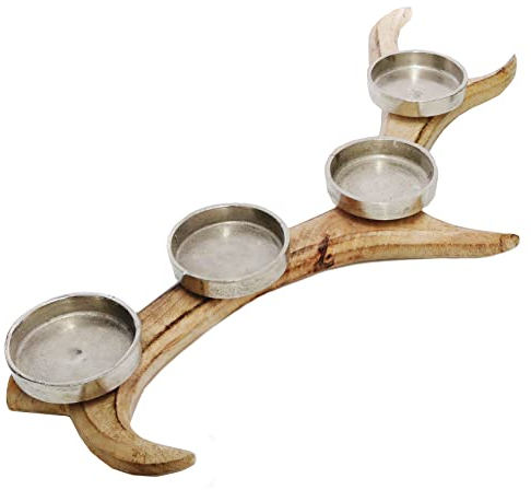 Mango Advents Kerzenhalter GEWEIH - 56 cm - Holz Kerzenständer mit Aluminiumhalter - Weihnachten Winter Deko Kerzen Leuchter Halter Ständer