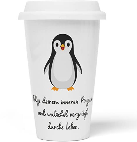 JUNIWORDS To-Go Becher mit Deckel, Folge deinem inneren Pinguin und watschel vergnügt durchs Leben (1008217)