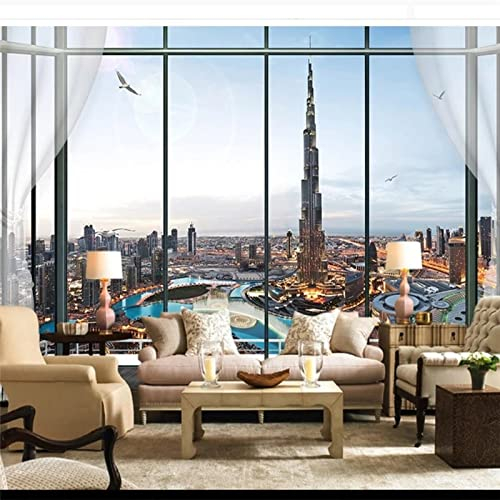 Wandtapete Europäisches 3D Dreidimensionales Fenster Dubai Tower Wohnzimmer TV Hintergrunddekoration TV Wandbild Tapete Wanddekoration fototapete 3d Vlies wandbild Schlafzimmer-150cm×105cm