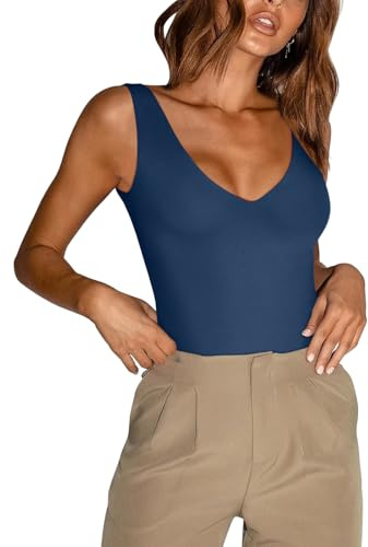 REORIA Women's Summer Sexy Plunge Deep V Neck Sleeveless Double Lined One Piece Tank Tops Thong Bodysuits Leotards for Going Out Dark Blue Plus Size 2XLarge
