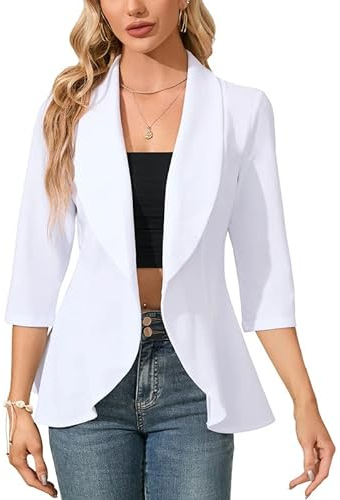 Clearlove Business Jersey Blazer - Blazer da donna, elegante, sportivo, sciancrato, maniche a 3/4, bianco, L