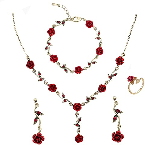 Hifot 4 Paar Rosen Anhänger Halskette und Ohrstecker Armband Set, Ohrstecker Gold Ring Verstellbar Damen, Vintage Halskette Rose, Geschenke für Frauen Schmuck Set für Damen Mädchen