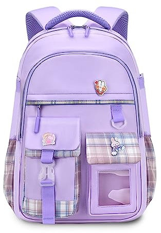 FANDARE Zaino per bambini Zainetti Cartelle Zaino Scuola Elementare Zaino Casual Ragazze Ragazzi Zainetto per Studenti Primarie Viaggiare con ciondolo in peluche & Badge carino Viola