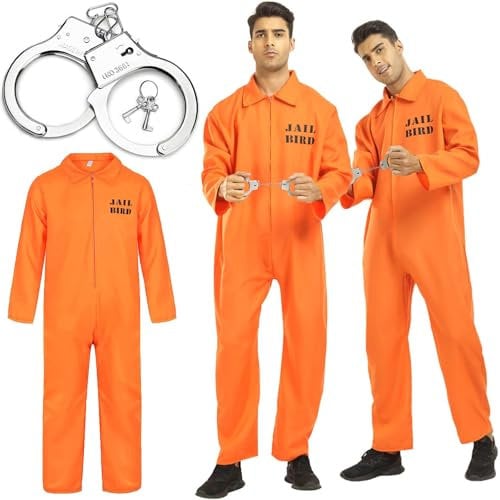 Halloween Prisoner Costume Men Adult with Handcuffs Orange Jumpsuit Prison Prisoner Outfit Fancy Dress Overalls Jail Criminal Inmate Convict Costume Men Orange Boiler Suits for Halloween Cosplay (L)