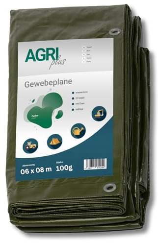 AGRI Plus Gewebeplane mit Ösen I 6 x 8 m I Verschiedene Größen I 100 g/m² Folienstärke I Stabile & Reißfeste Abdeckplane I Allzweckplane für den Außenbereich I Plane wasserdicht & UV-stabil