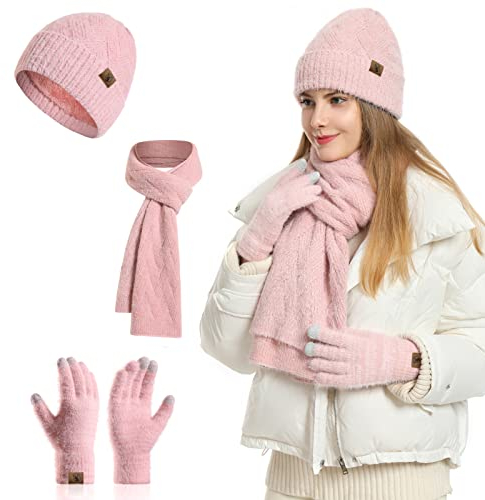 Meajore MüTze Schal Handschuhe Damen Set 3 In 1 Winter Warm Beanie Touchscreen Handschuh Und Lang Schal StrickmüTze Set