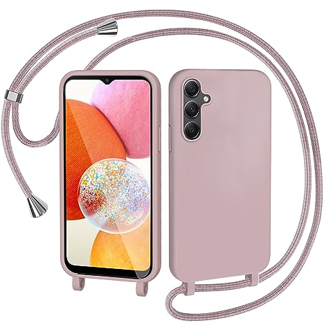 AOMYKE Handyhülle für Samsung Galaxy A14 5G Hülle mit Band, Handyband Samsung Galaxy A14 5G Hülle zum Umhängen Schutzhülle mit Kette Kordel Weich TPU Liquid Silikon Case, Pink
