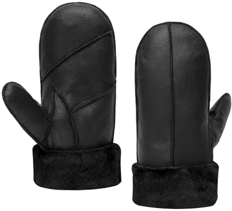 MGGMOKAY Damen Lammfell Shearling Fäustlinge Warme Winter Lederhandschuhe,Schwarz,M