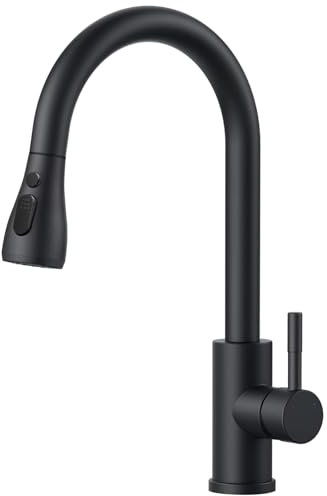 Homesbrand Silvery Brushed Electroplated Stainless Steel Kitchen Sink Tap with 360° Swivel, Pull-Out Spray, 3 Spray Modes, Temperature Adjustment Kitchen Faucet(Black)