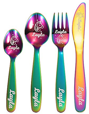 Juego de 4 cubiertos personalizados de unicornio para niños con patrones y nombres personalizados, cubiertos de acero inoxidable, utensilios seguros para niños pequeños, ideal para cocina, hogar,