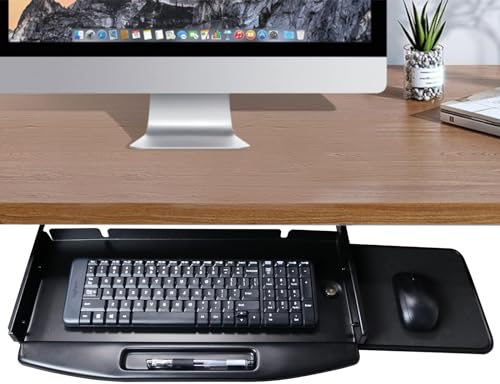 JumboTIGER Steel Sliding Keyboard Tray Under Desk 28Lx10W with 360 Rotating Mouse Platform - Keyboard Holder, Drawer, and Shelf - Under Desk Mounted Computer Desk with Keyboard Tray