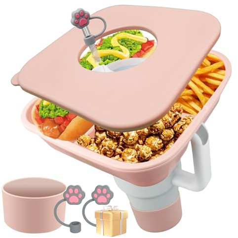 Epinovo Snack Bowl for Stanley Cup Bottle - Silicone Snack Tray with Lid Compatible with Stanley 40 OZ Tumbler, Stanley Cup Accessories Pink (2PCS X Straw Cover Included)