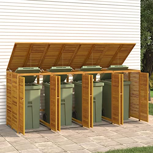 ARKEM Quadruple Garbage Bin Shed 280x89x117 cm Solid Wood Acacia,Garden Wheelie Bin Hideaway Waste Bin,Storage Shed w/Locking Doors Assisted lift up Lid easy use Outdoor Hygienic Dustbin Unit Cover St