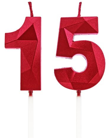 15th Birthday Candles, Red Number Candles Birthday Decoration, Happy Birthday Cake Toppers, for Birthday Parties Weddings Company Anniversaries (Red, 15)