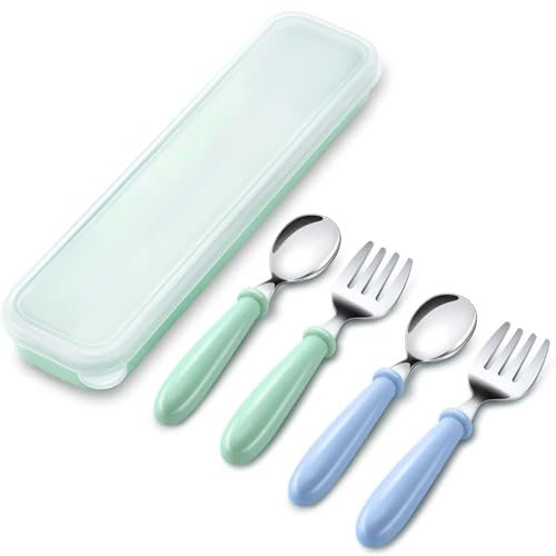 JYTDBCS Set di posate per bambini, 4 pezzi, in acciaio inossidabile, sicure per tutte le età, 2 forchette, 2 cucchiai, lavabili in lavastoviglie (verde e blu)