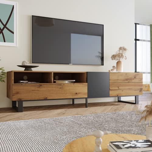 Rtopsu Mobile TV, Tavolo TV Basso per TV Fino a 85 Pollici, Scaffale TV con 2 Ante e 2 Cassetti Contenitore per Soggiorno Sala da Pranzo Camera da Letto, 180x38x50 cm, Legno, Natura