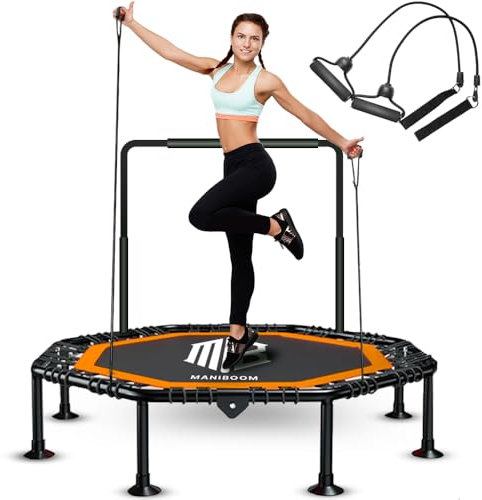 ManiBoom Trampolin Fitness Adultos y Niños Ø105cm con 2 Cintas de Resistencia y Agarre Regulable 150kg de Carga - Cama Elastica Jumping Plegable para Interior y Exterior FACIL Montaje