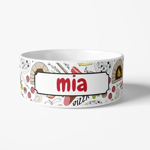 DECOHO - Gamelle pour Chien en céramique Personnalisable | Motif Pizza - Blanc
