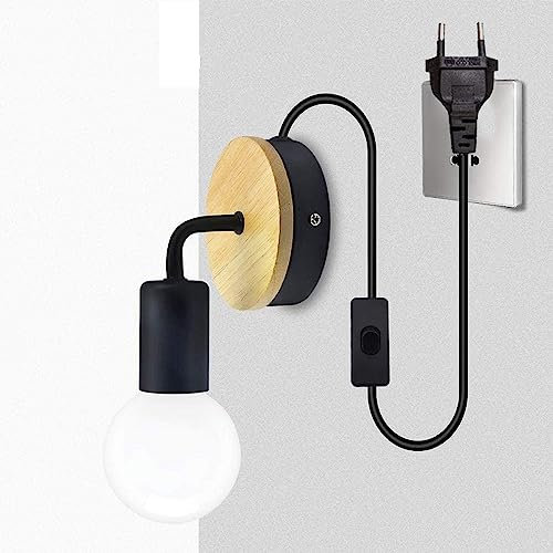 ZJHESXV Applique Vintage in Legno E27 Industriale retrò Lampada da Parete Metallo Lampada a Muro con Spina e Interruttore, Lunghezza Cavo 180 cm (Senza Lampadine) (Nero)