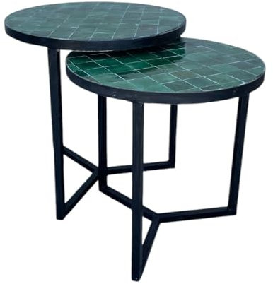 ARTIGIANATO VULCANO Tavolino marocchino set da 2 pezzi con piastrelle ceramica zellige verdi.