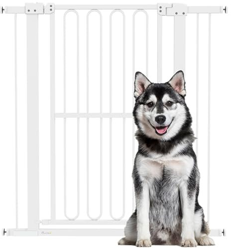 PawHut Treppenschutzgitter Türschutzgitter Absperrgitter ohne Bohren 76-104 cm Schutzgitter aus Stahl für Hunde, Haustiere Treppen, Tür, Weiß
