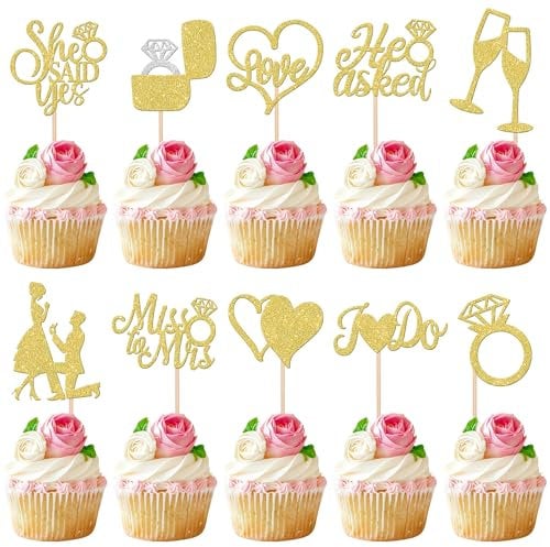 30 Pack He Asked She Said Yes Cupcake Toppers Glitter Engagement Cupcake Toppers Miss to Mrs I Do Love Heart Ring Miss to Mrs Cupcake Picks for Wedding Engagement Party Cake Decorations Gold