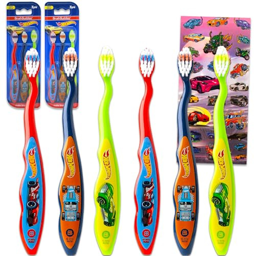 Hot Wheels Zahnbürsten-Set für Kinder – Paket mit 6 Rennwagen-Zahnbürsten und Aufklebern für Jungen, Kleinkinder | Hot Wheels Zahnbürsten-Set