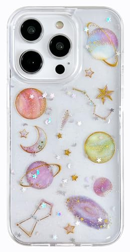AMART Clear Case for iPhone 13 Pro,Cute Glitter Planet Star Universe Pattern Design Phone Case, Slim Soft TPU Silicone Phone Cover for iPhone 13 Pro