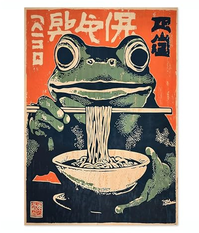 Animato Ramen Frog Anime Woodblock Poster Print, Cartoon Manga Edo Aesthetic Wall Art Japanese Wall Art Bedroom Home Decor, A1 (Print Only) - 84.1x59.4cm