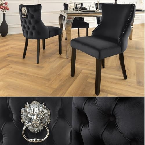 Edler Stuhl Leon Samt schwarz Löwenkopf Chesterfield Schwarze Beine Esszimmerstuhl Barock