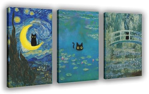 Wall Art Set of 3 - Waterlily Black Cat Canvas Paintings Prints, Starry Night Black Cat Canvas, Funny in Water Lilies Wall Art, Room Bedroom Living Room Bathroom Frame-style-1 12x18inch(30x45cm)