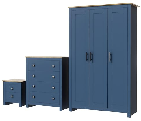 Nera 3 Piece Bedroom Furniture Set 3 Door Wardrobe Set Chest of Drawers and Bedside Cabinet Bedroom Storage (Navy on Oak)