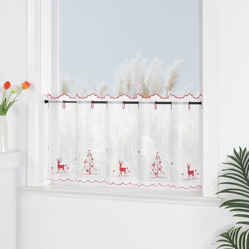 Yujiao Mao Weihnachts Scheibengardine mit Stickerei - Rote Tannenbäume & Rentiere - Bistrogardine Festliche Fensterdeko für Küche Bad Tunnelzug Transparent Weiß H30xB120cm, 1 Stück