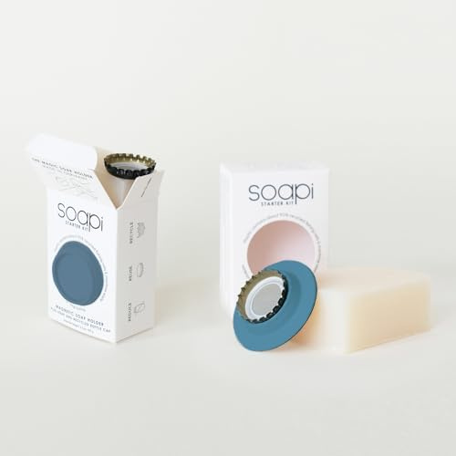 Soapi Kit mit Seife & Magnet-Seifenhalter, 2er, Petrol | Inklusive Seife und Kronkorken, ohne Bohren, selbstklebend für Bad und Dusche