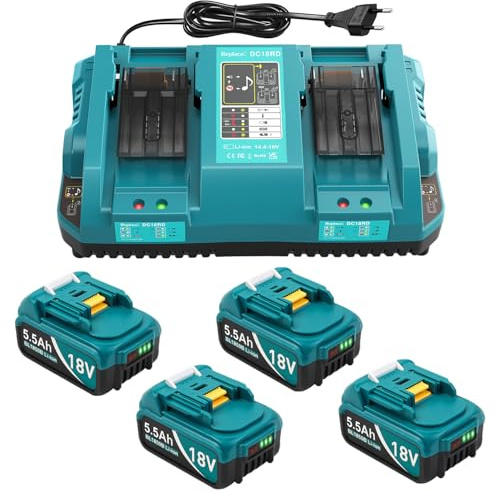 DC18RD Ladegeräte und 4 Stück 5.5Ah Ersatzakkus für Makita 18V Akkus, Kompatibel mit BL1815 BL1830 BL1840 BL1850 BL1860 BL1890 BL1415 BL1430 BL1440