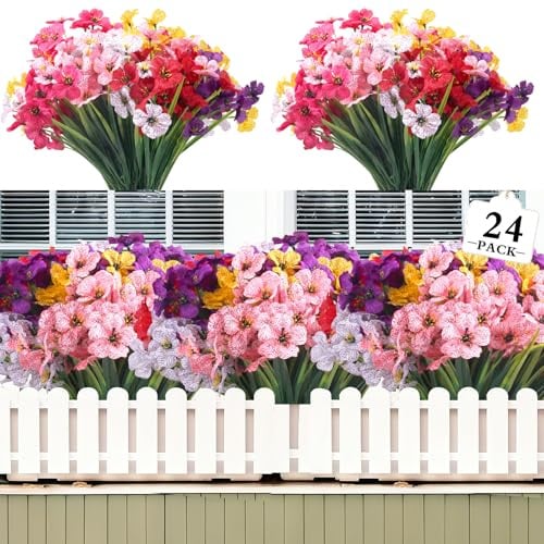 Kradeler 24 Bundles Artificial Flowers for Outdoor,6 Colors No Fade Fake Plastic Silk Flowers Faux UV Resistant Plants for Indoor Outside Garden Porch Hanging Planters Decor (Multicoloured)