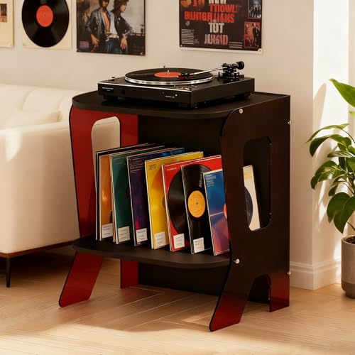 MAAOBR Mobile per Giradischi Porta Vinili Tavolino per Giradischi Capacità 40 Dischi, Mobile Audio Design Multifunzione per Soggiorno, Camera da Letto, Ufficio(Black+Red Tea)