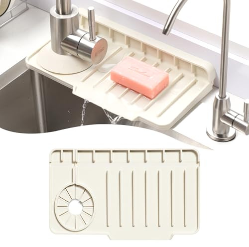 Volminex Silicone Sink Faucet Mat, Splash Guard Mat, White, 27×15cm | Universal for Left & Right Faucet, Sink Protector for Single Side, Foldable Drain Rack, Tap Draining Mat for Kitchen