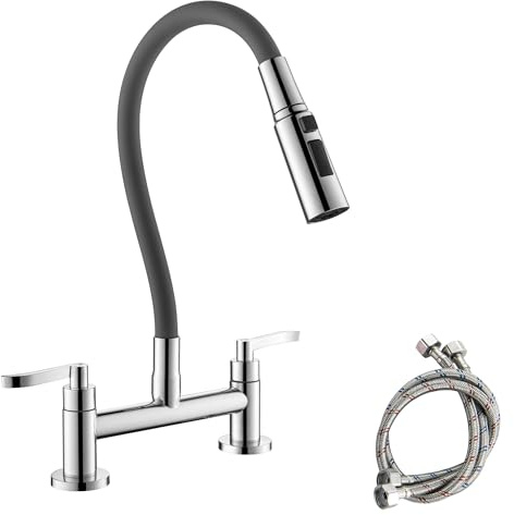 LIUGEYI Kitchen Mixer Taps 2 Hole Bridge Mixer Kitchen Sink Tap with 360° Swivel Flexible Spout