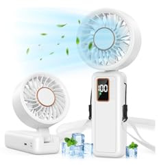 Handheld Fan, 5 Speed & 14H Cooling Portable Fan, 6000mAh USB Rechargeable Mini Fan with LED Display, Powerful but Quiet, Foldable Desk Fan, Lanyard for Neck Fan, Personal Fan for Travel/Office/Home